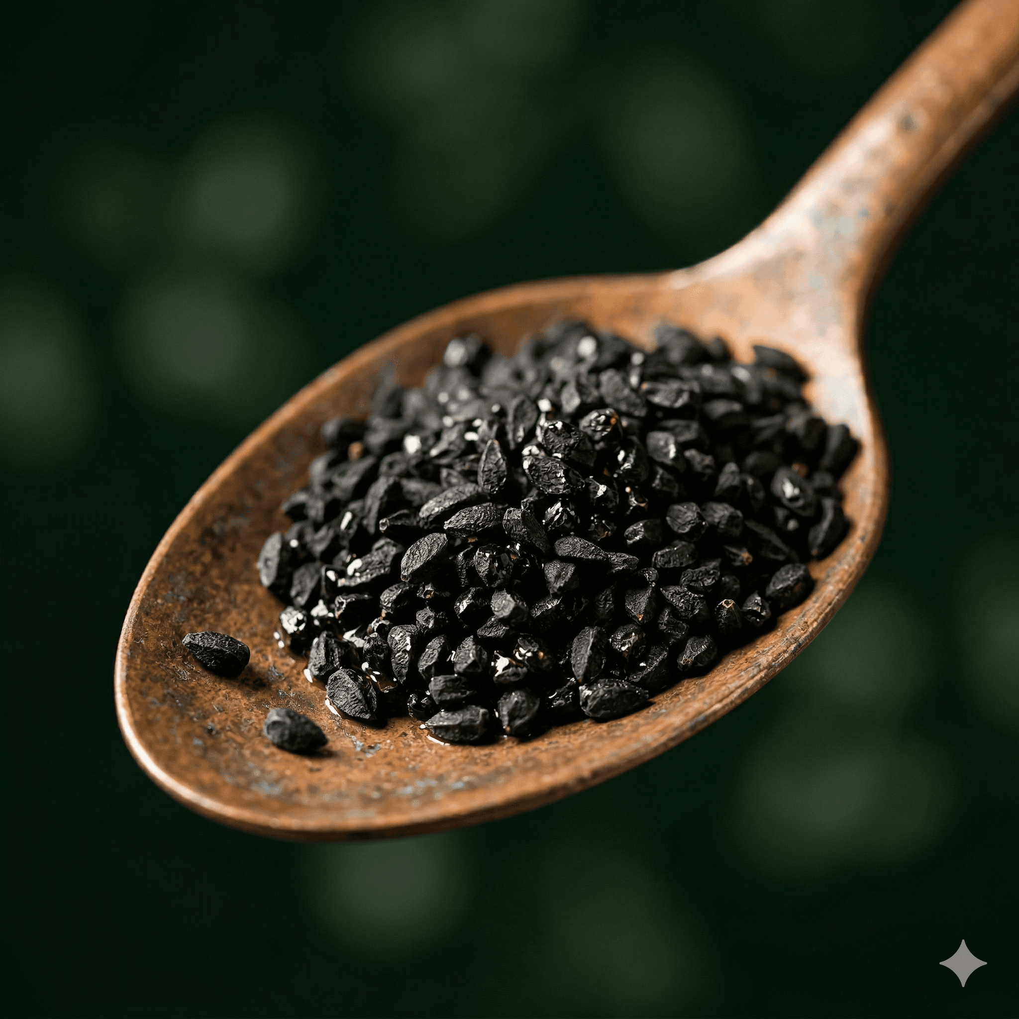 Black Nigella Sativa seeds on a spoon